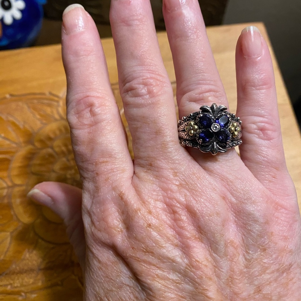 Barabara BIXBY Sterling Blue Iolite and white topaz Floral with 18k accents - Picture 2 of 2